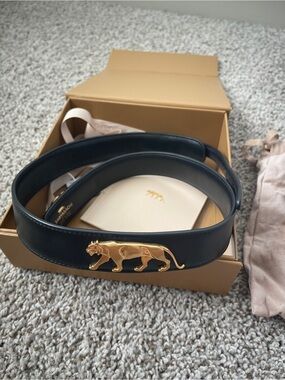 Sabyasachi Black Leather Belt with Gold Panther Buckle